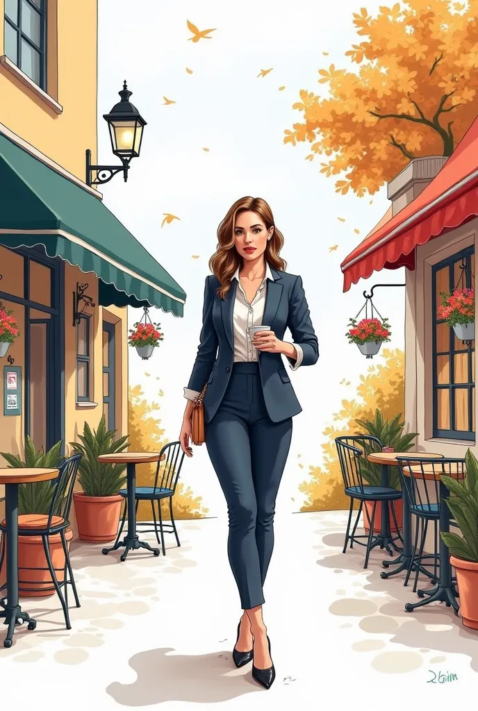 Generate an image of easy to paint in one side painting of having a small cafe business and in the other side having a nice house. and in the middle of those to is a woman in a corporate attire. very simple and easy drawing that I can also draw only with  ...