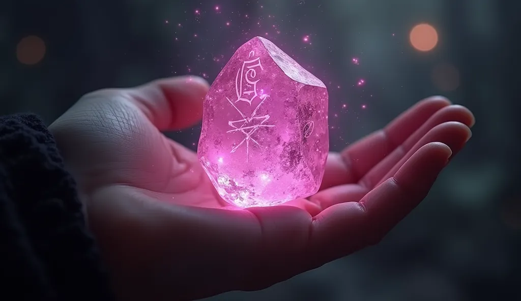  in your hand is a pink stone covered with runes