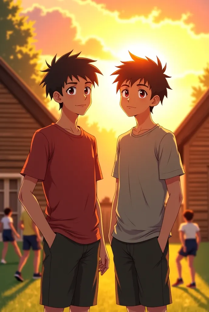 Two fit and handsome higschool anime boy standing next to each other, they are in a summer camp, a few people around behind them, the sun is setting, wooden houses behind, they are directly looking at me