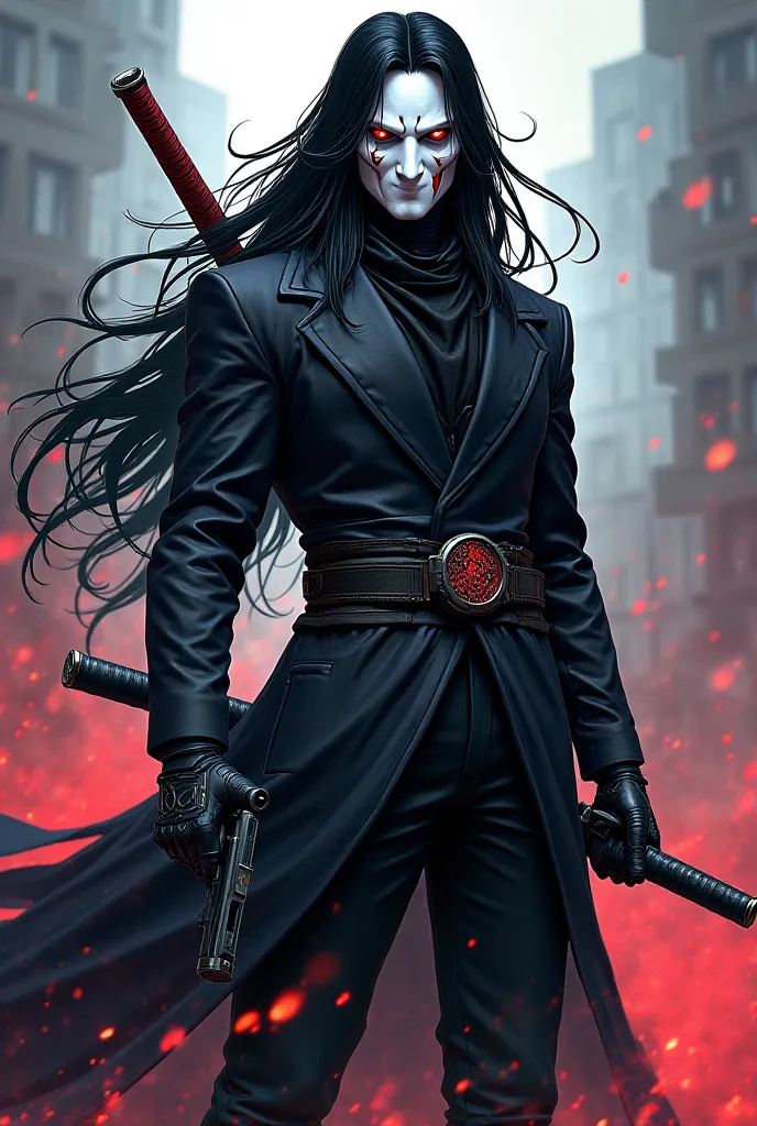 A white man with long black hair,little scar on left side of lips, with maskenbal mask
, with short katana sword in right hand and a gun in left hand in anime style 