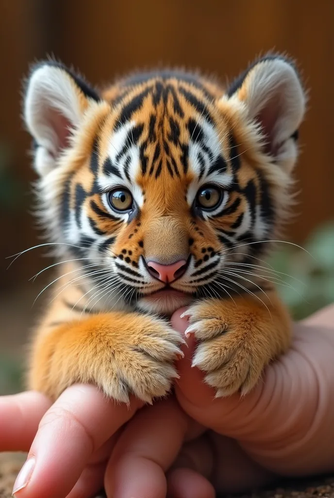 A hyper-realistic baby tiger cub with intricate black stripes over its golden-orange fur, gently placing its tiny paws on a human thumb. The cub has deep brown eyes filled with curiosity, a small pink nose, delicate whiskers, and slightly rounded ears cove...