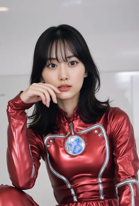   Front View from Below 、(赤のUltramanスーツ)、:18 points、big breasts、 medium hair、Ultraman、Genuine、Genuineistic、cinematic lighting、girl in a shiny red and silver suit、、Professional Photos、don't expose my skin、Japanese models、Japanese CGI、Ultramanスーツ、、 Power Ran...