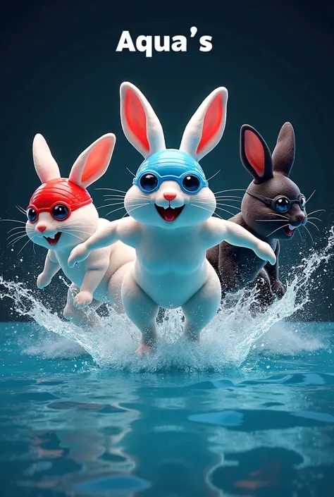 The image shows three swimming anthropomorphic rabbits, one red, one blue and one black, In a variety of dynamic swimming poses aqua s. The rabbit is designed with well-defined muscles, highlighting its athletic ability. Its fur is soft and white, which co...