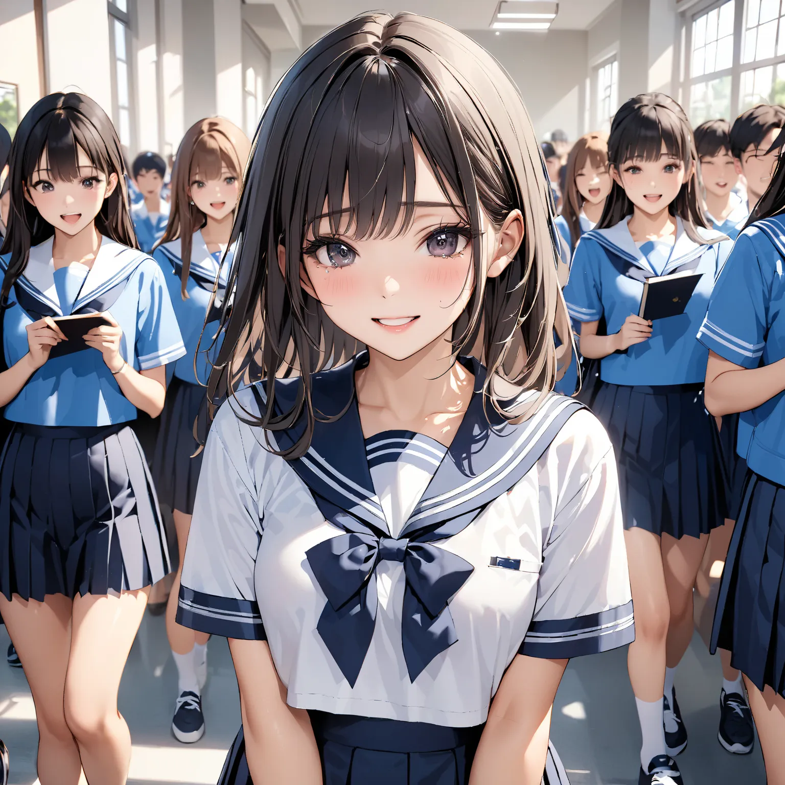  dark eyes、 Hair、 high school student、high school girl、sailor suit、Graduation Ceremony、Laughter and tears、Many students in the background、 Sports、masterpiece:1.5, masterpiece, 最high quality, Ultra High Resolution, retina, masterpiece,  accurate, anatomical...