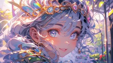  an anime girl , silver eyes , hairstyles with a variety of colors and spirals , face a combination costume from cyberpunk costume combined with witch costume, drawing the whole body, the most detailed quality, she sits on a chair outside the park , behind...