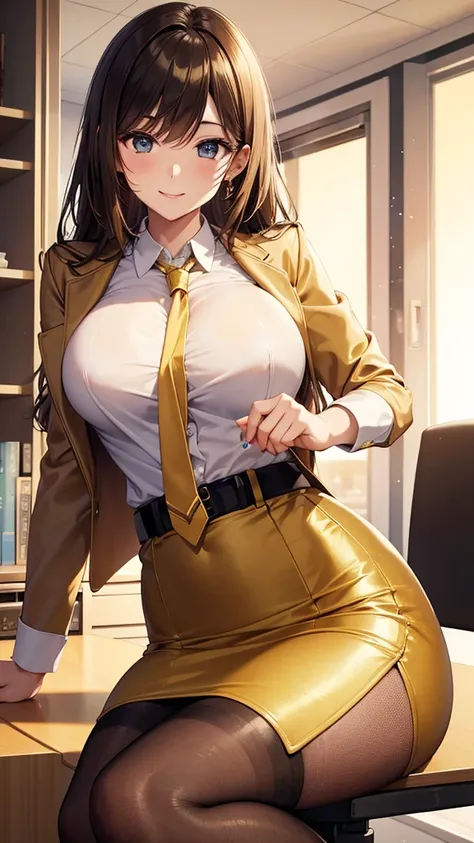 sexy office lady in gold business suit　　 　　gold pencil skirt　Gold tie　Golden tights　A radiant smile　 Hi-Res　 high image quality