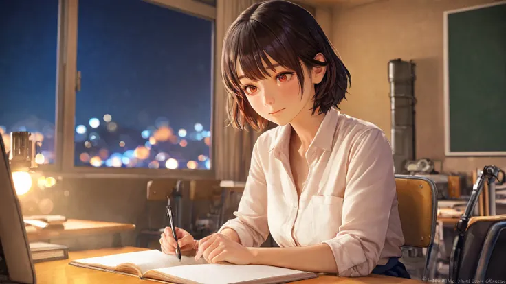 best image quality,high school girl,Girls Room,machine,chair with a notebook in hand,try as hard as one can,sitting next to each other studying,Beautiful Girl,Realistic 3D Rendering,night,Delicate Textures,Soft Bokeh,Warm colors,A warm atmosphere,Precise M...