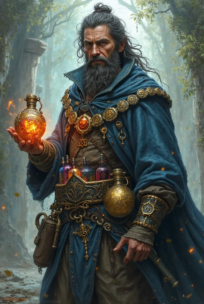 An RPG alchemist, Full of potions on your belt. He has black hair and an unpainted beard too. He's holding a grenade in his hand.
