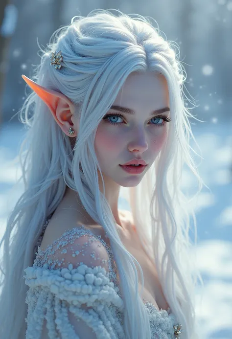 Long silver hair and silver eyelash , snow elf, blue eyes , beautifull