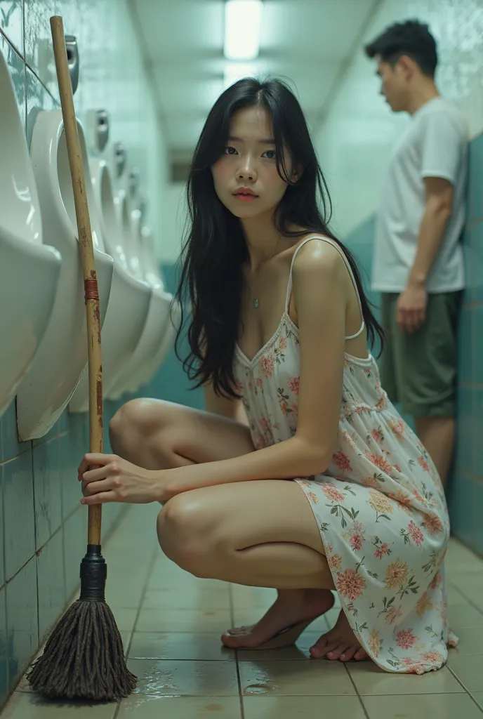 (photorealism:1.2), beautiful asian woman, slightly anorexic, looking at the camera, wearing loose floral short slit dress, small breasts, nipple slip, full body shot, long shot, long black hair, crouching to mop the wet floor in a public toilet and three ...