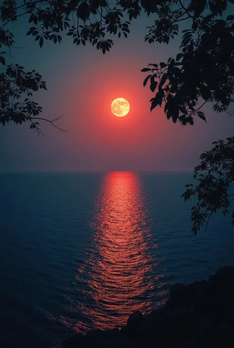 a beautiful ocean from which a full red moon is rising and photo is taken from a branches of tree as in camera some leaves are seen along with clear  breathtaking ocean scene,a full red moon rising from the horizon,photographed from the branches of a tree,...