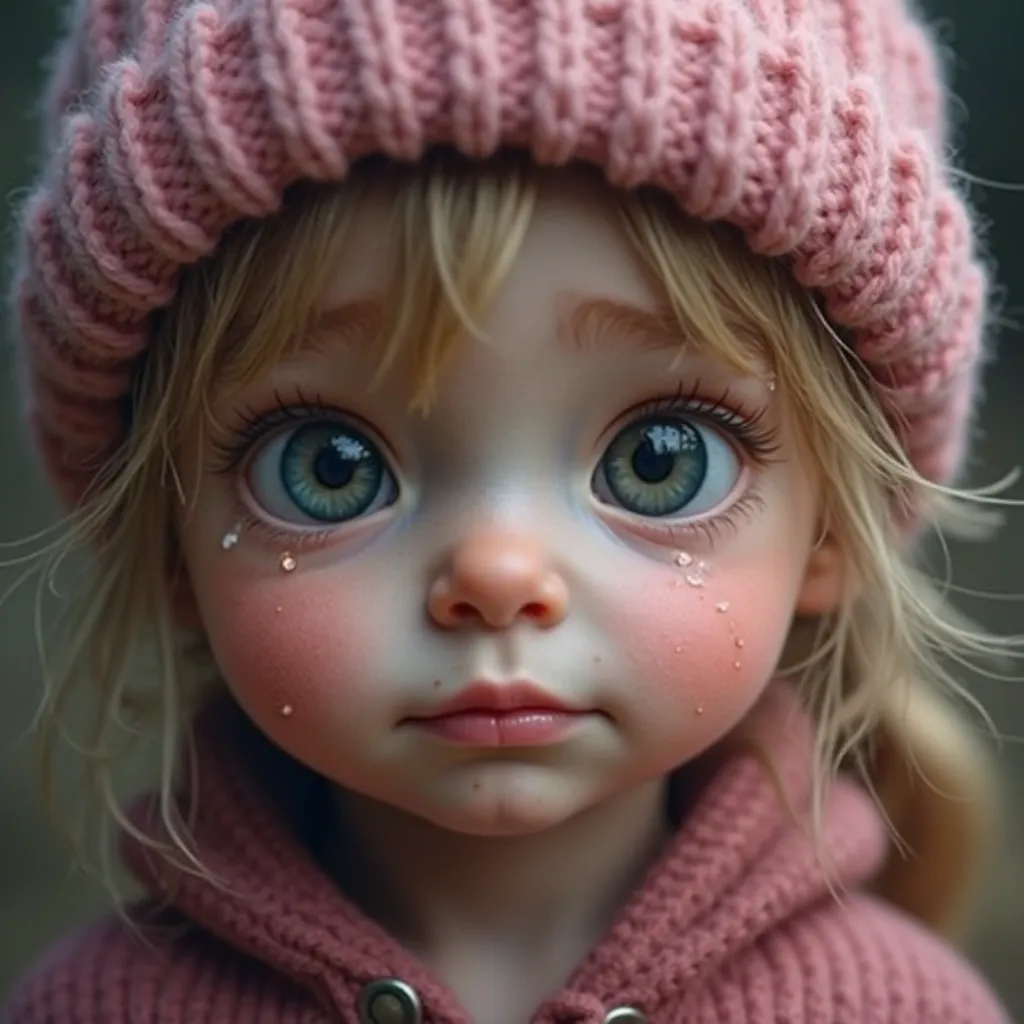 This image is a close-up of a cute little British girl wearing a pink knit cap, with tears in her eyes and tear stains on her cheeks, giving her a feeling of pity. The background is blurred and the colors are soft, highlighting the 's facial expression. Th...