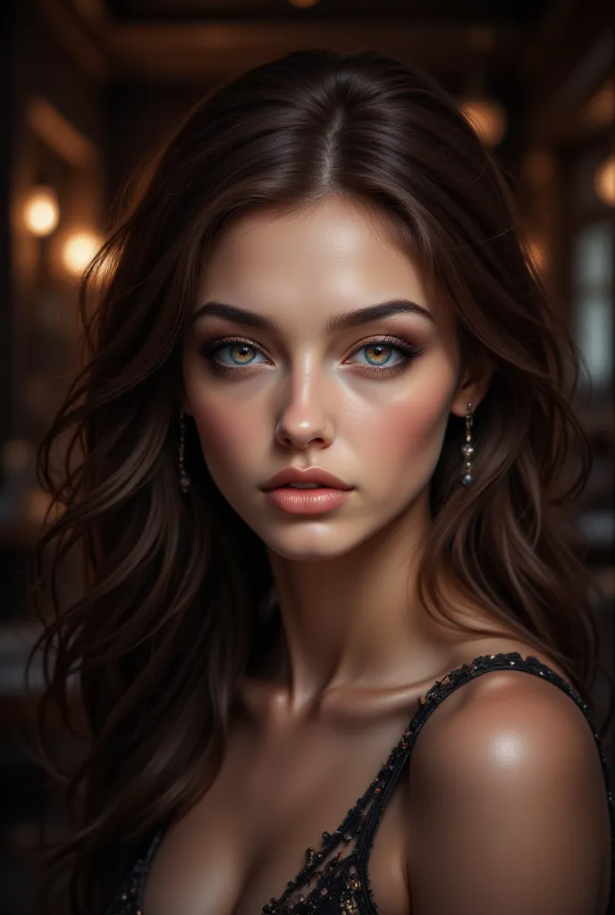 (masterpiece:1.3), (8K, realistic photography, RAW photo, the best quality:1.4), (1 girl), rostro Her moso, ( realistic face ), (long brown hair), Her , perfect face, elegant pose, retrato,  captivating eyes , full lips, soft leather, DEEP LOOK, penetratin...