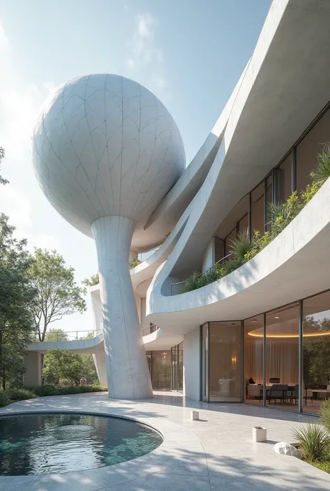 Creat a building with pillars and a modern architecture with a sphere or a circular element 