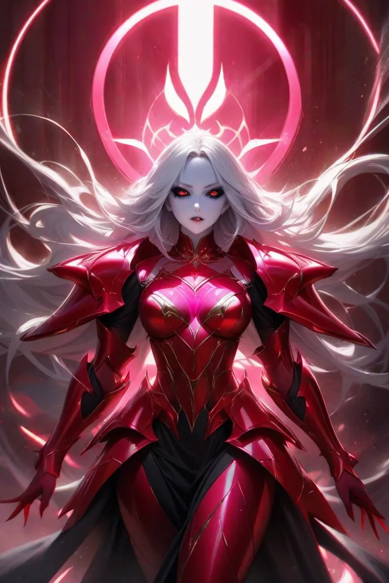 1 woman, black sclera and red pupil, short white hair, sharp teeth, crimson armor, big boobs, light pink skin