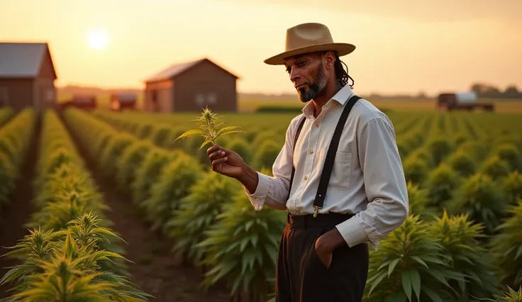 A hyper-realistic, ultra-HD image of Snoop Dogg standing in the middle of a vast Amish hemp field, surrounded by white Amish farmers. He wears traditional Amish attire—black trousers, suspenders, a white button-up shirt, and a straw hat—yet his signature s...