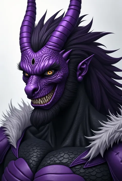  man, adult, strong, wide in the muscle area, black dragon scales instead of skin, dark purple hair, purple mask that covers the entire face, with two purple horns on top, almond-shaped cutouts under the eyes and a cutout in the shape of a shark's mouth, l...