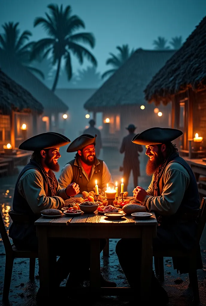 An ultra-realistic cinematic scene in 4K, depicting a group of rustic pirates in a colonial port village during a rainy night. Three pirates, bearded and wearing tricorn hats and period clothing, are seated around a wooden table., laughing and celebrating ...