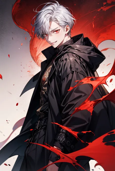 1 Man　 male　 white skin　 bright red eyes 　Crimson Eyes　red eyes,  Silver Hair,  vertical pupil , seductive smile, vampire　black clothes　black coat　 Hi-Res, 最high quality, high definition model, Ultra High Definition, high quality,toothを見せる, tooth,  cheeky ...