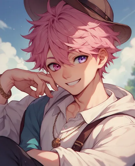 age anime boy,  pink hair, purple and pink eyes ((heterochromia)), smiling, clothes black and red . anime