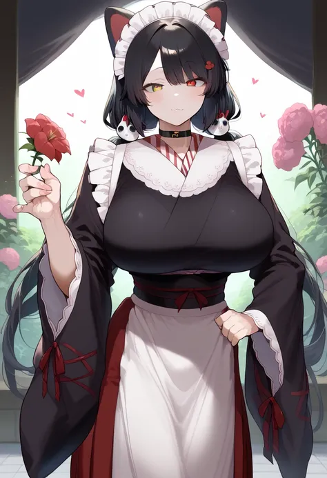 Hyper realistic, it1, flower, twintails, low twintails, very long hair, Dog girl 、 girl standing 、 black hair、
choker, maid headdress, black kimono, wide sleeves, frills, Heart, white apron, sleeves past wrists, skirt, red skirt, perfect face, perfect ligh...