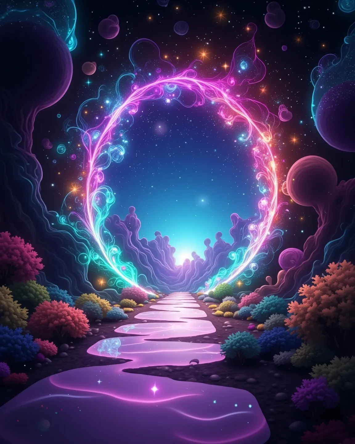 A glowing portal, luminous,  multicolor portal, translucent, Inside the portal shines mysteriously,  universe setting, shining stars, galaxy, to another dimension,  (masterpiece, best quality:1.2) 