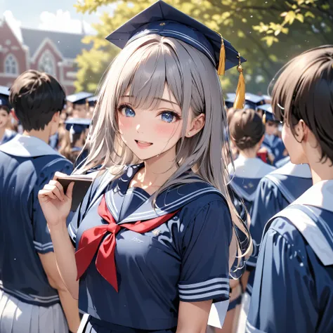  Hair、 high school student、high school girl、sailor suit、Graduation Ceremony、Laughter and tears、Many students in the background、 Sports、masterpiece:1.5, masterpiece, 最high quality, Ultra High Resolution, retina, masterpiece,  accurate, anatomically accurate...