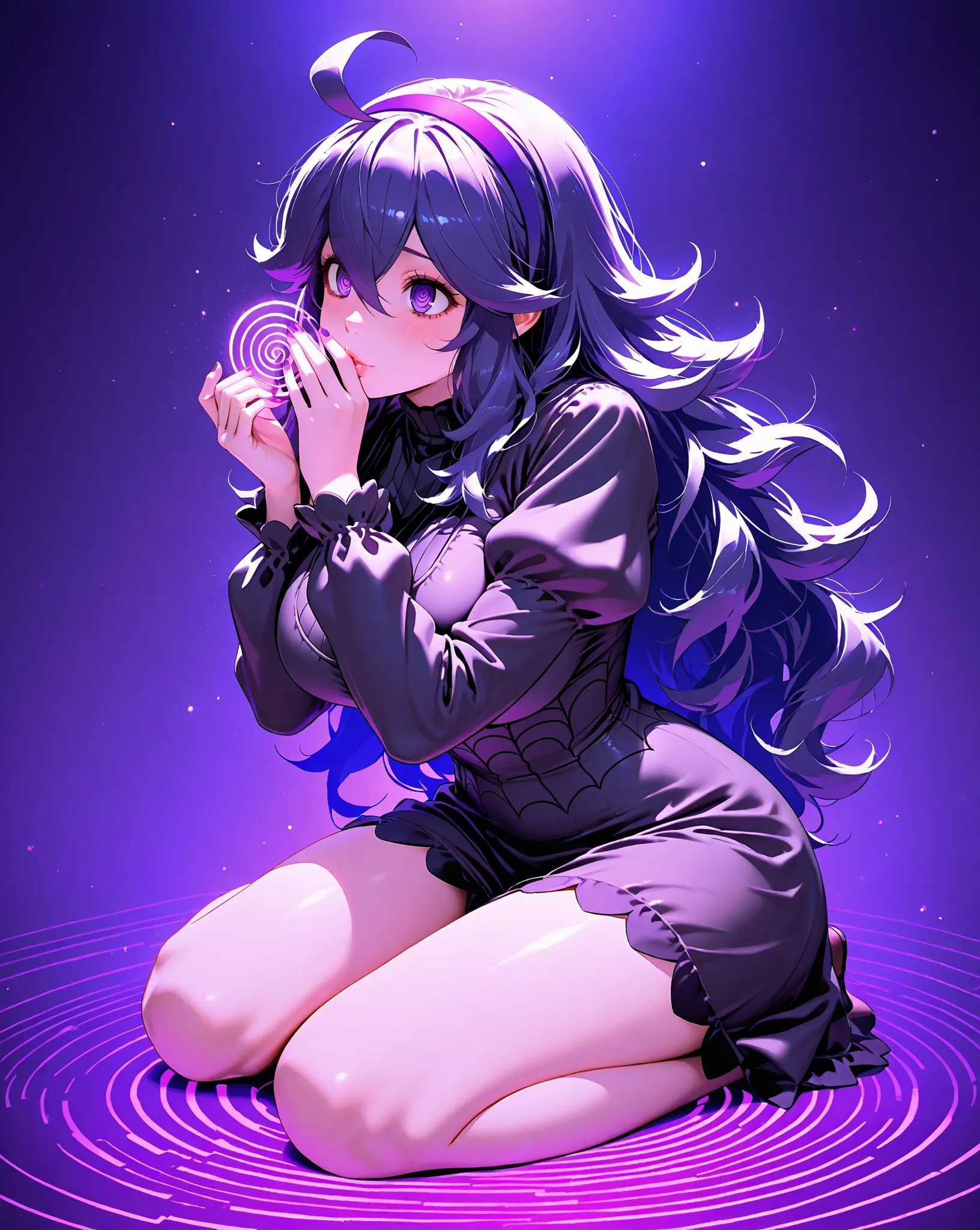 hex maniac, 1 man, hair band, messy hair, shimmering purple eyes,  spiral-shaped pupils, purple hair, hair band roxa, tight black dress showing full silhouette, semi-transparent dress,  short dress , long sleeve clothing, juliet sleeves.
A 20-year-old is k...