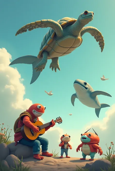 image of a turtle and a whale flying, a crab playing the guitar and two nomos scratching their heads in the background enjoying realistic music, vertical, story size