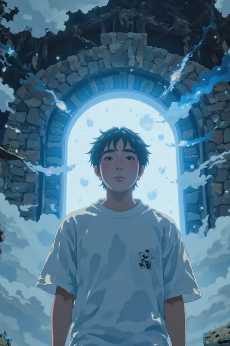 high resolution, rich contrast, best quality, anime style, Yossan , 1boy  , Alone, (full body) 
break 
((Portal)), Shine, magic gate, Blue light, Mysterious, fog