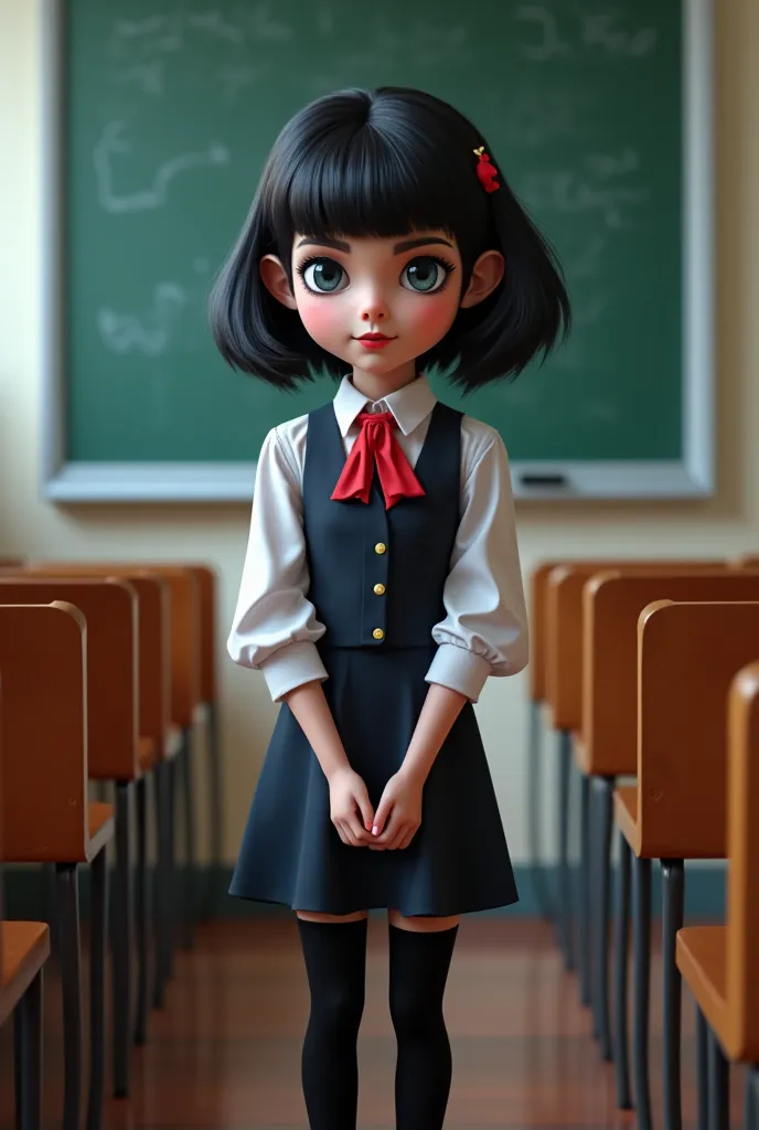 Photo high quality realistic picture of young girl in Mavis hotel transylvania cosplay costume.
Black very short hair with bangs. White pale skin. Pale blue eyes. Vampiric makeup and teeth. Very skinny, tiny breasts. Black over knee socks. Red very high he...