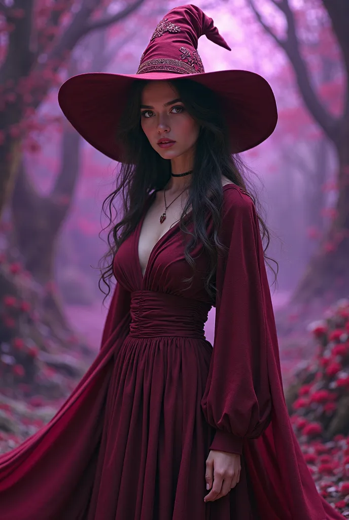 Beautiful girl wearing a wine-red colored witch costume from a purple space background