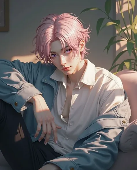 Pink hair with long hair tied in a low ponytail. A man with light purple pupils wearing a long-sleeved shirt and suspenders is about 22 years old. He is a psychotherapist who wants a Korean-style man，Misty eyes，Warm smile ，Lip color is not noticeable close...