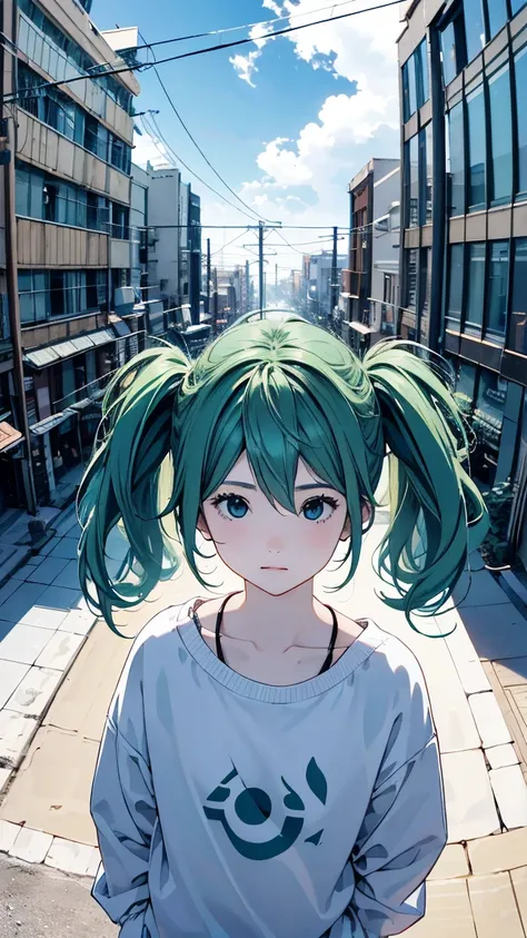 fisheye lens、shot from above、Famous Paintings、Optimal quality、Hatsune Miku、Very depressed、 green hair、 looks up、profile in landscape orientation from、upper body、 moderate bust、Portrait inspired by Minetaro Mochizuki、 backlit、Asahi、Sand Planet、sing、