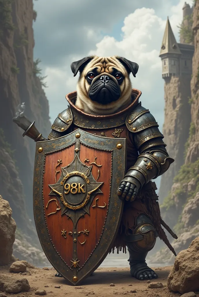 A pug warrior with a shield written 98k