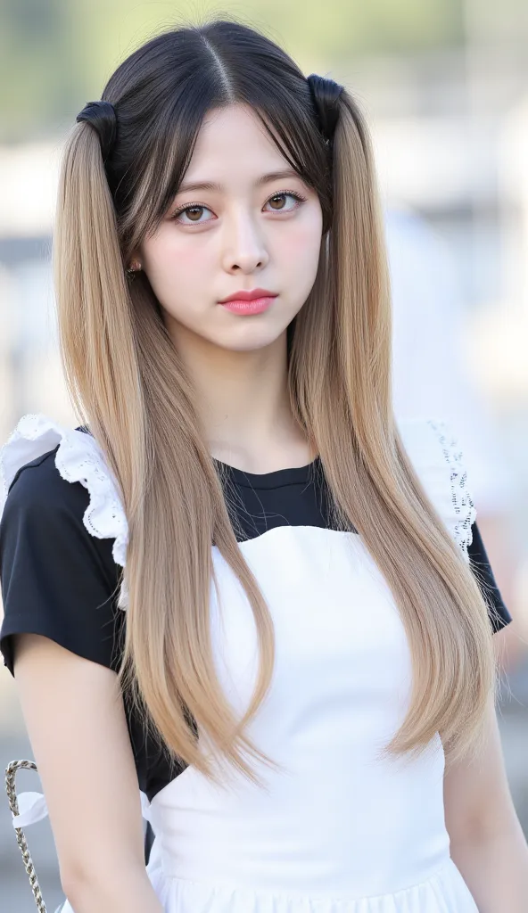  Silky Smooth Hair 、blonde long hair、hairstyle is straight、long hair that reaches the chest、、maid clothes、twin tails、Two-tone blonde and black hair