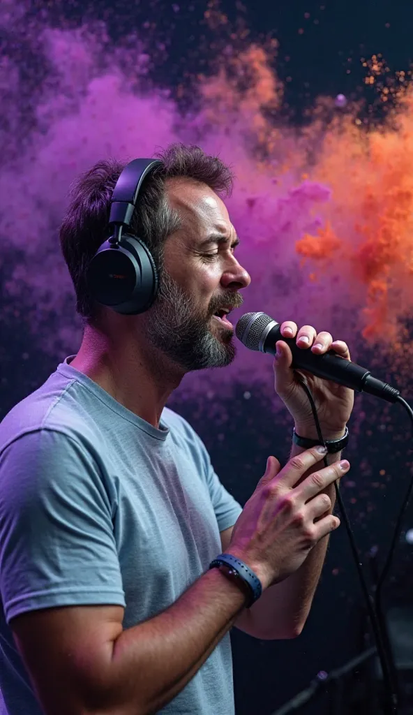 A man with a light-medium complexion, short dark brown hair, and a short beard is singing into a microphone. He is middle-aged, and of average build.  He wears over-ear headphones and a light-blue t-shirt. He is positioned slightly off-center to the right ...