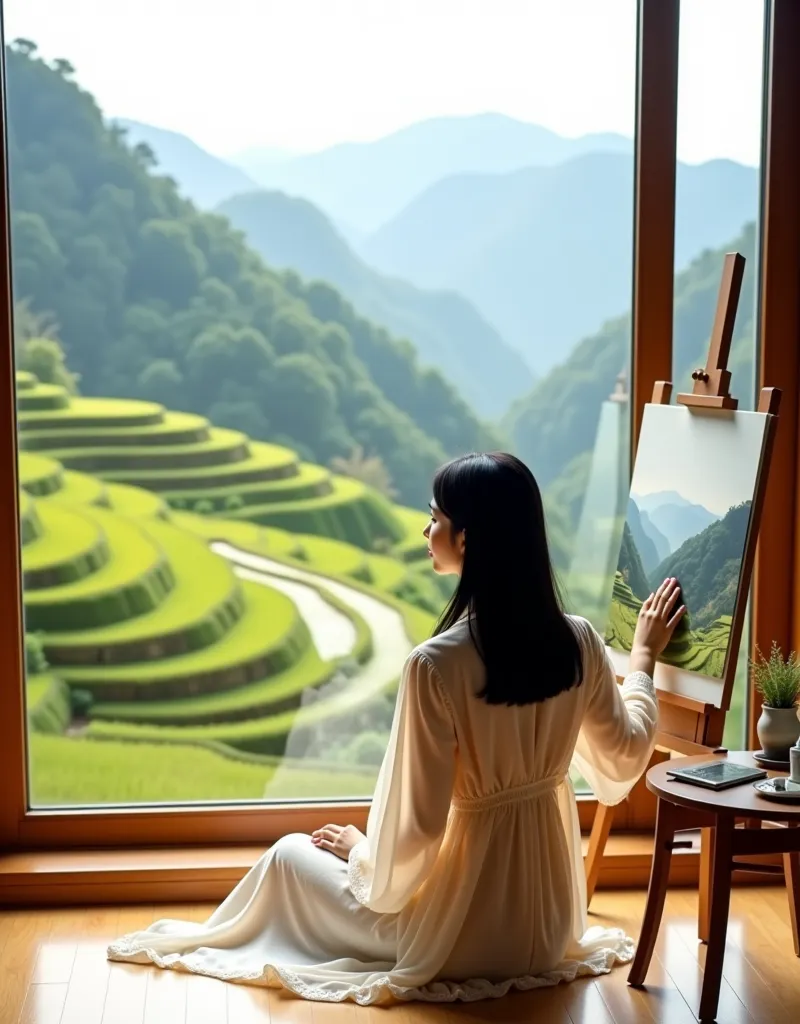 A young woman of Asian descent, positioned in the mid-ground on the right side of the image, is seated by a window.  She has shoulder-length black hair and  face to camera, a breathtaking view of terraced rice paddies and mountains.  The woman is wearing a...