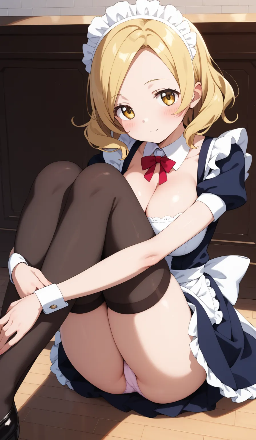 masterpiece, best quality, detailed beautiful face and eyes, very detailed background, Mami Tomoe, megami magazine, medium blonde hair, parted bangs, yellow eyes, large breasts, 1girl, sitting, hugging own legs, maid, cleavage, detached collar, wood floor,...