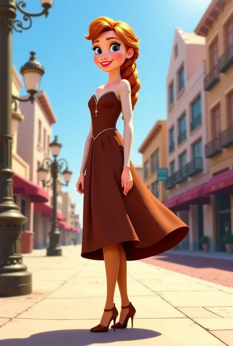 Tip: A very lovely Anna from FROZEN being happy alone in Downtown San Diego in the sun… The illustration is a high definition illustration with 4k resolution., with highly detailed facial features and cartoon style visuals, brown dress, suntan pantyhose, b...