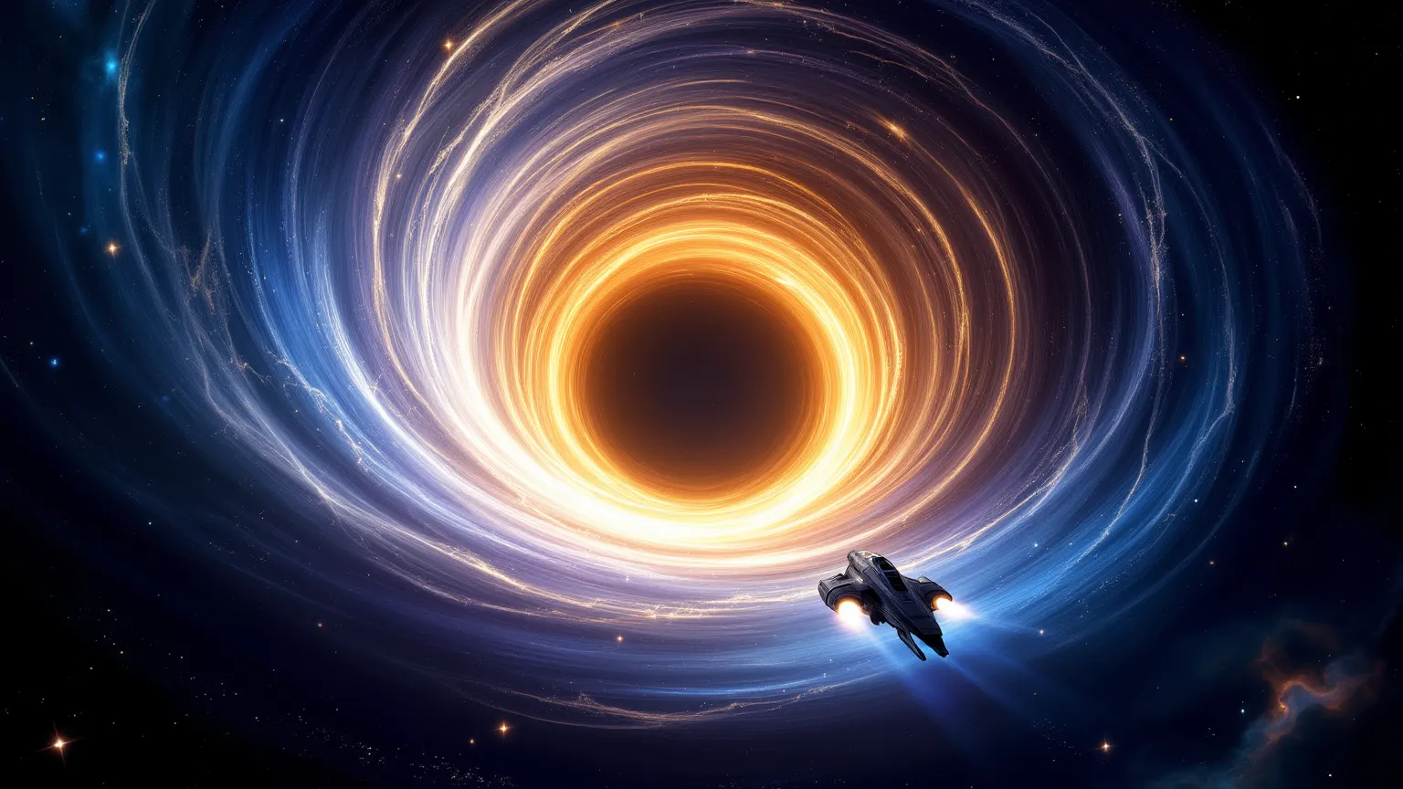 Create an image of a massive, swirling wormhole in the depths of space, its entrance a vortex of bending starlight and spiraling energy. The outer edges shimmer with streaks of blue, violet, and white, while the core radiates an almost blinding golden ligh...