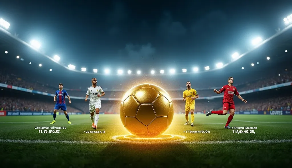 A dynamic scene of a packed football stadium at night, with bright floodlights illuminating the field. At the center of the pitch, a golden football floats magically, surrounded by holograms of famous players wearing iconic club jerseys like Real Madrid an...