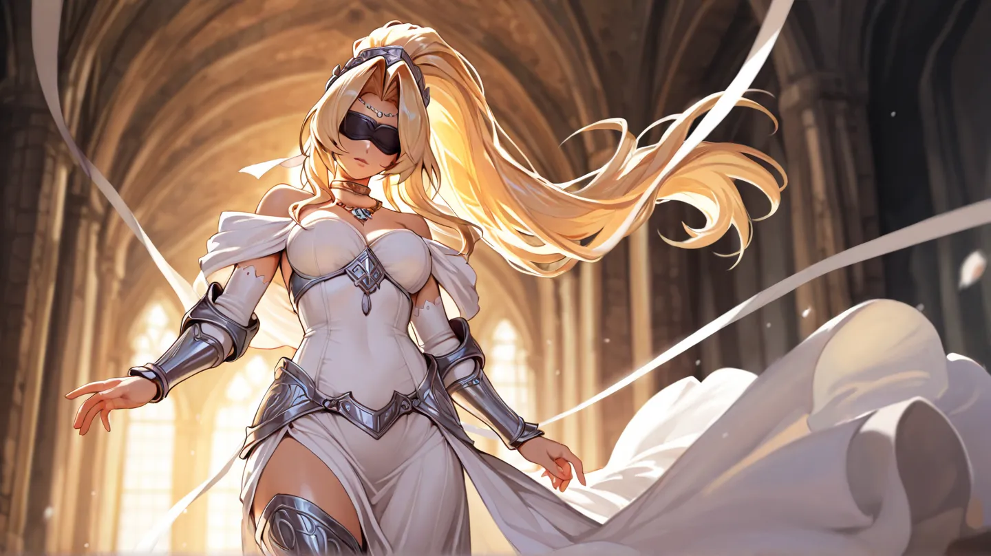 Venusmon,solo, blonde hair, blindfold,faceless,no eyes, white ribbon, ponytail, white dress, necklace, armored boots,vambraces,masterpiece, best quality, ultra-detailed, very aesthetic, sharp focus, depth of field, vibrant colors, ray tracing, best lightin...