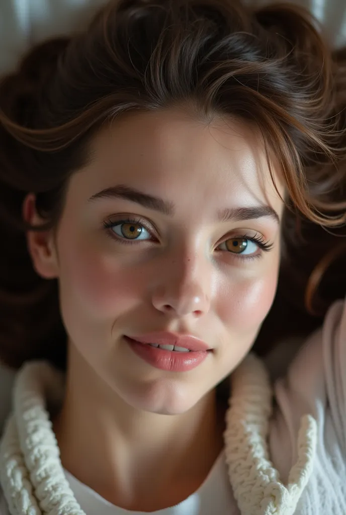 Close-up professional photo, Focus on eyes,  Woman lying on her back, natural curvy lashes,  without makeup,  beautiful skin 