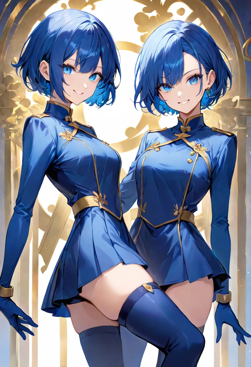 girl short hair blue hair blue eyes blue matching smile confident right limbs