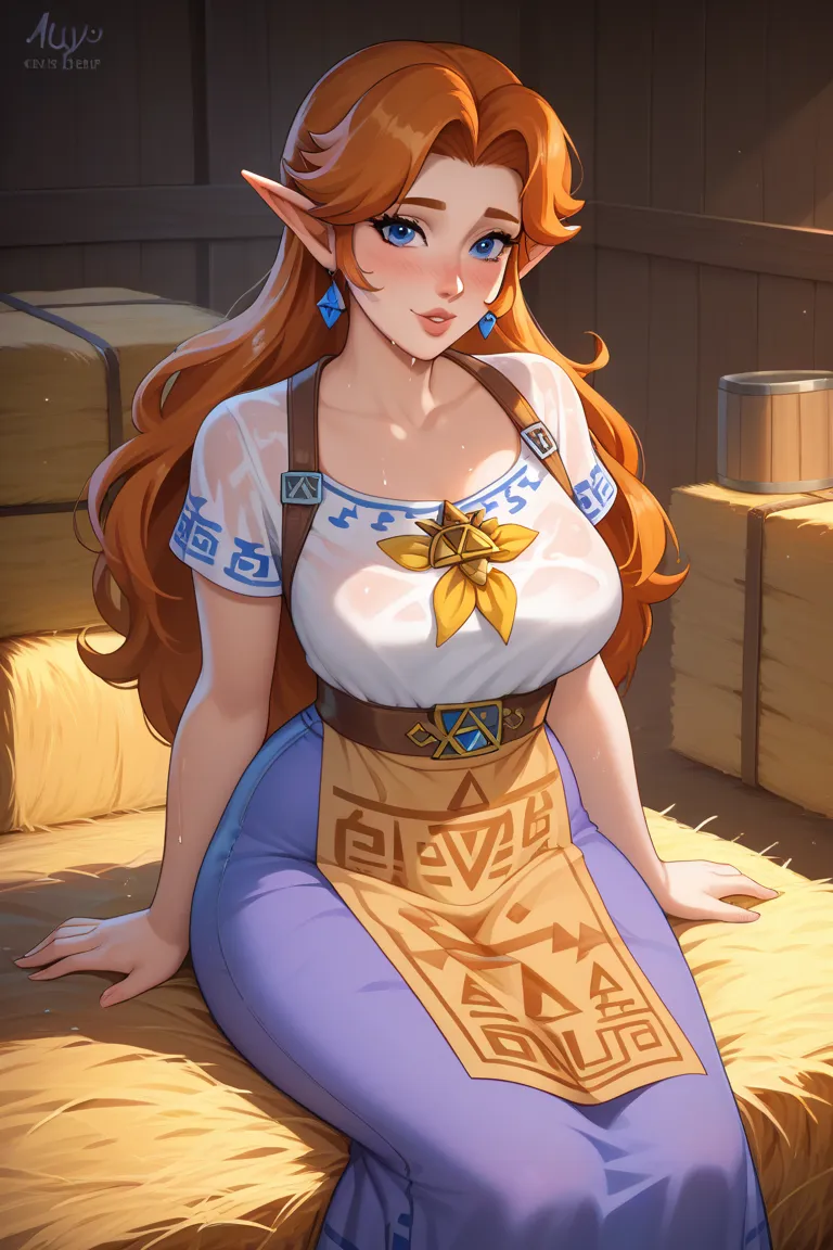 Mature Malon from The Legend of Zelda, 25 years old,, bare tits, belt, purple ornament skirt, wet long skirt, leather hip apron, brown boots, ginger hair, blushing, sitting on hay, hay stable