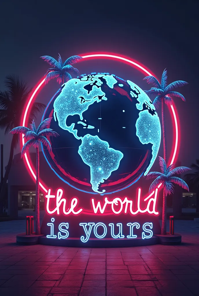 Logo with a globe, dollars, miami girls neon style text:"the world is yours"