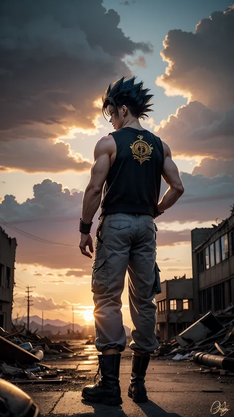 "Trunks from Dragon Ball Z stands confidently, his signature lavender hair spiked in its natural form, flowing slightly in the wind. He wears his classic Capsule Corp blue jacket with the emblem on the shoulder, a black tank top underneath, and his signatu...