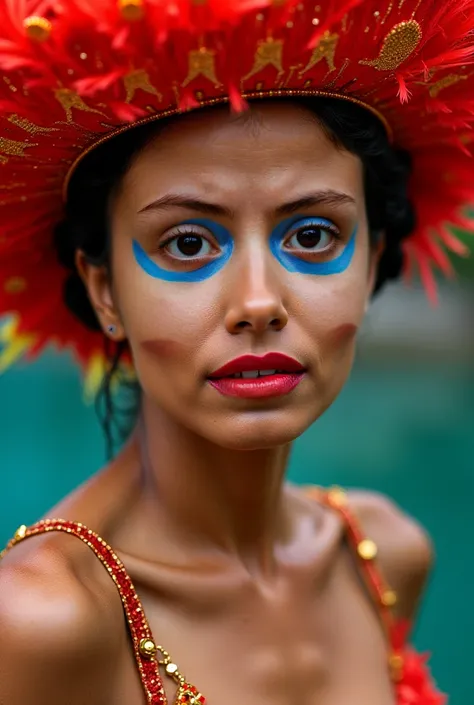 Use the model to create her with Brazilian-style carnival makeup, It must be at least showing from the waist up and have an easy to remove the bottom 