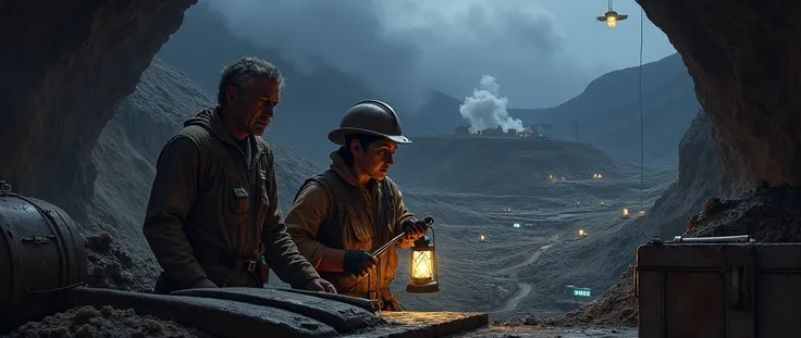 A male and a female miner work in a dark mine